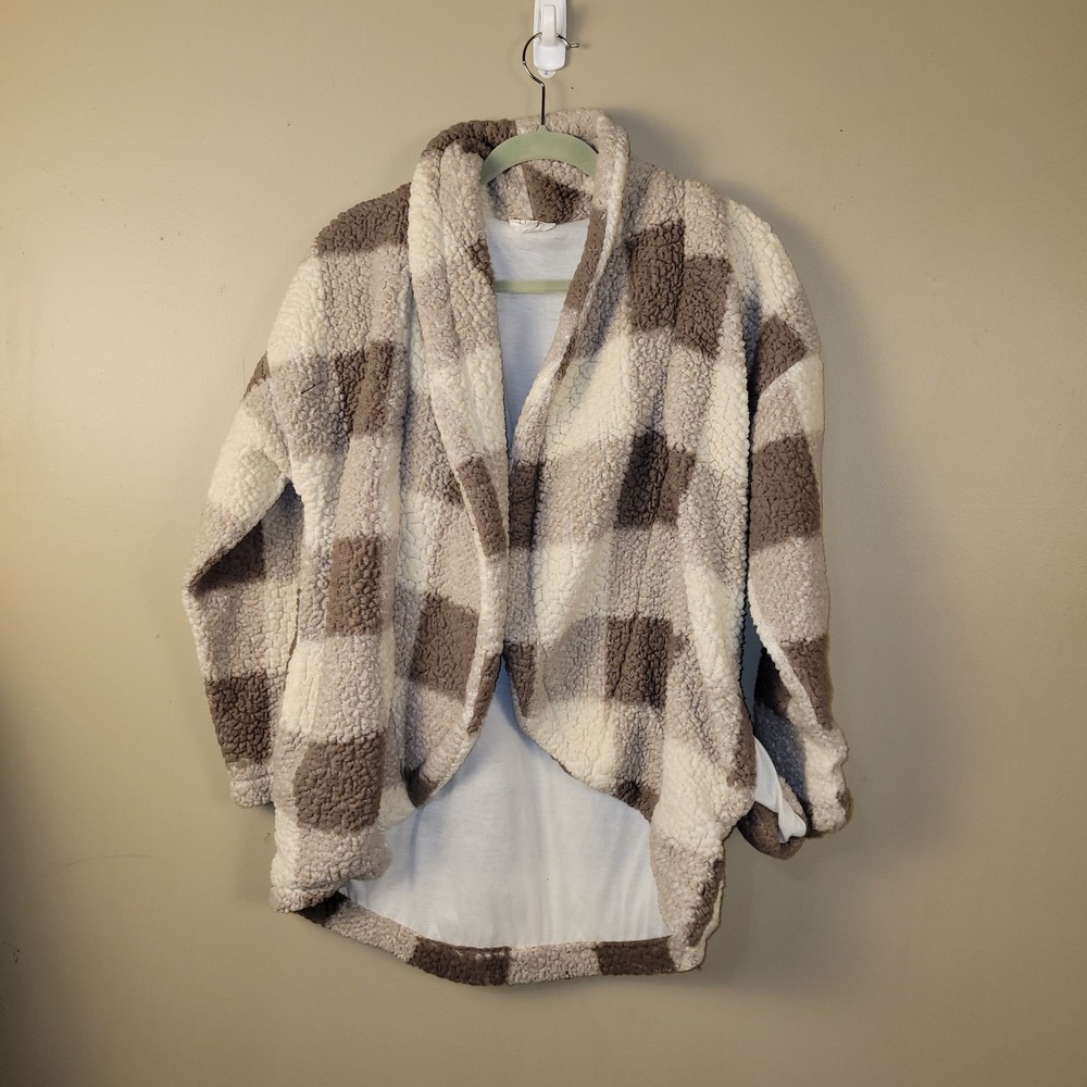 Cozie by Pink Rose Sherpa Fleece Open Front Cardigan Jacket Plaid Check Medium